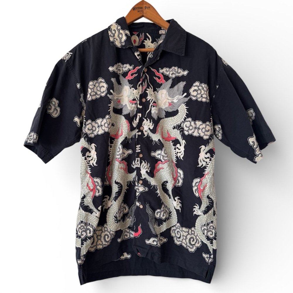 Vintage Y2K Dragon Print Button Up Shirt Ferruche Style Asian Graphic